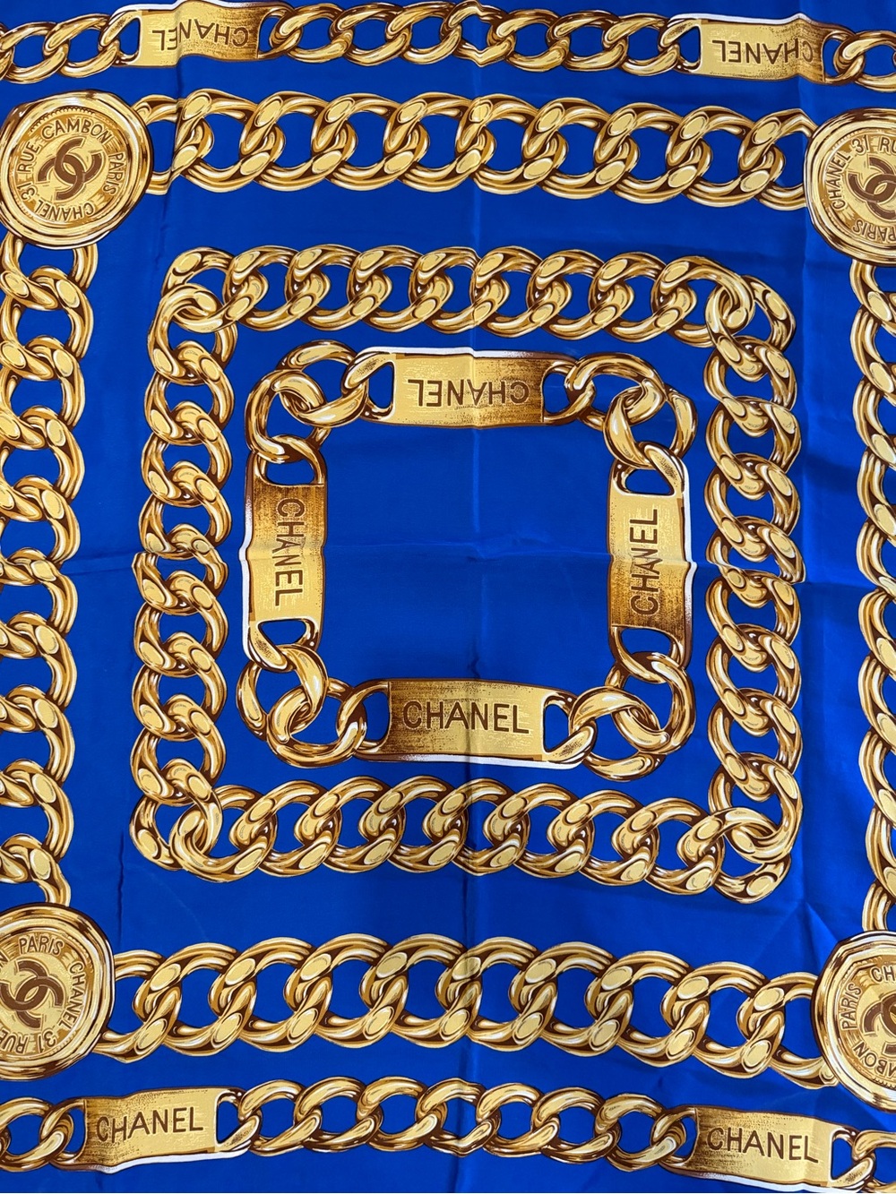 CHANEL Royal Blue Silk Scarf with Gold Chain Print - Picture 4 of 7